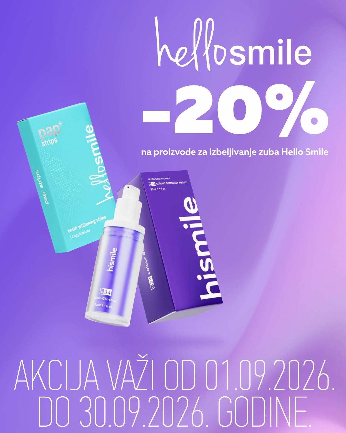 20% popusta na Hello Smile proizvode za izbeljivanje zuba. 20% popusta na Hello Smile proizvode za izbeljivanje zuba.